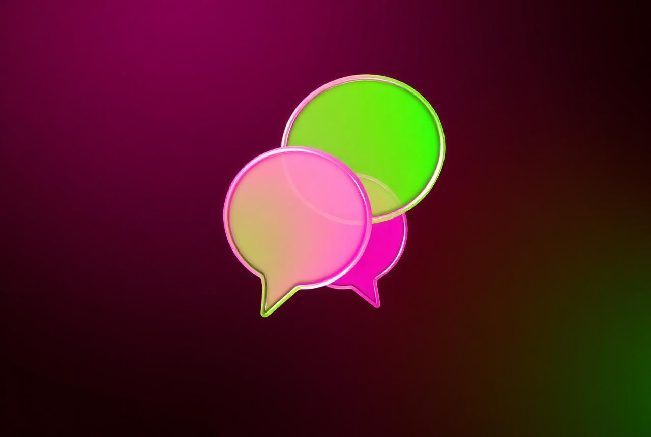 Translucent lime and magenta speech bubble shapes floating against a dark background