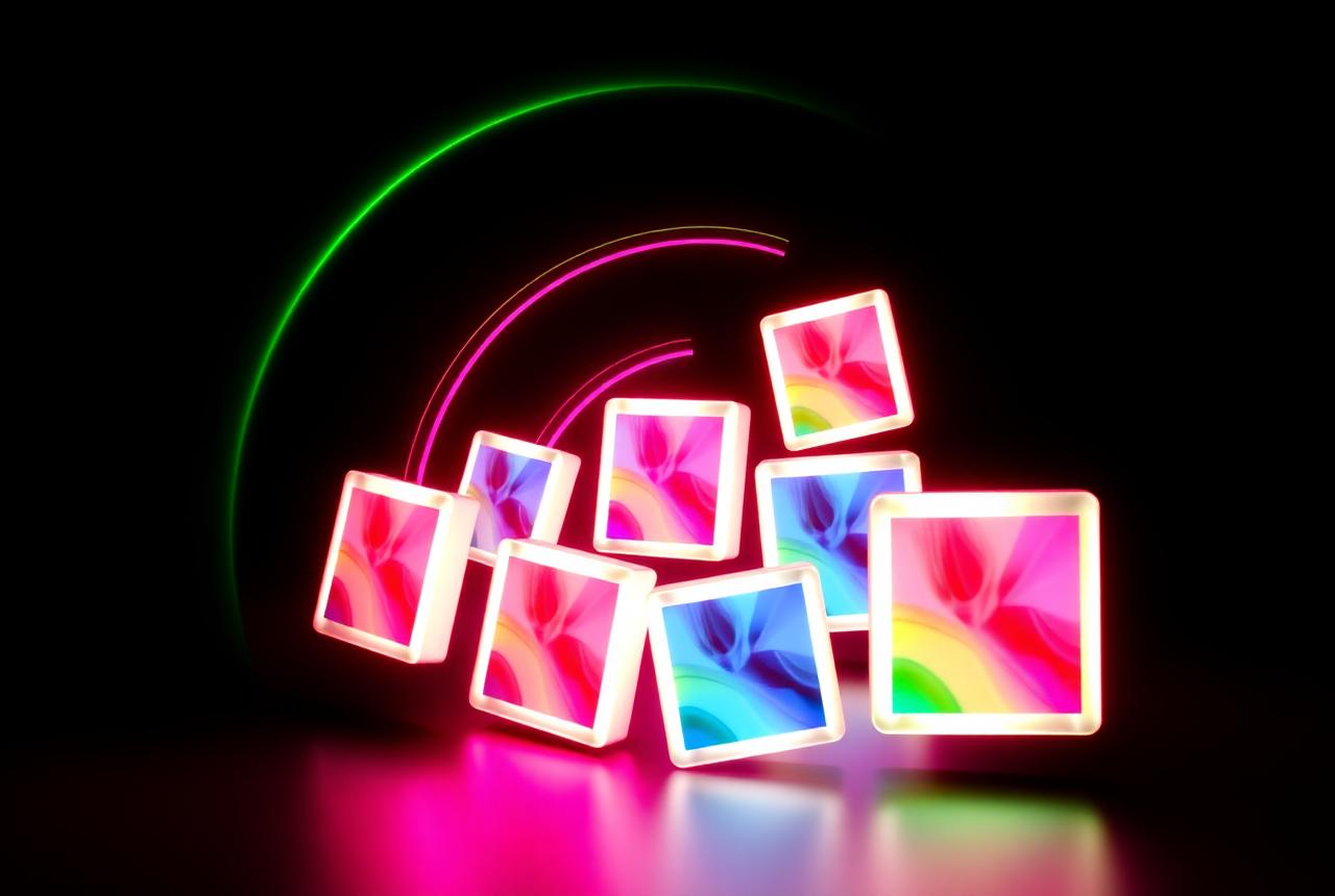 Glowing square image tiles floating in a spiral with colourful abstract artwork inside each