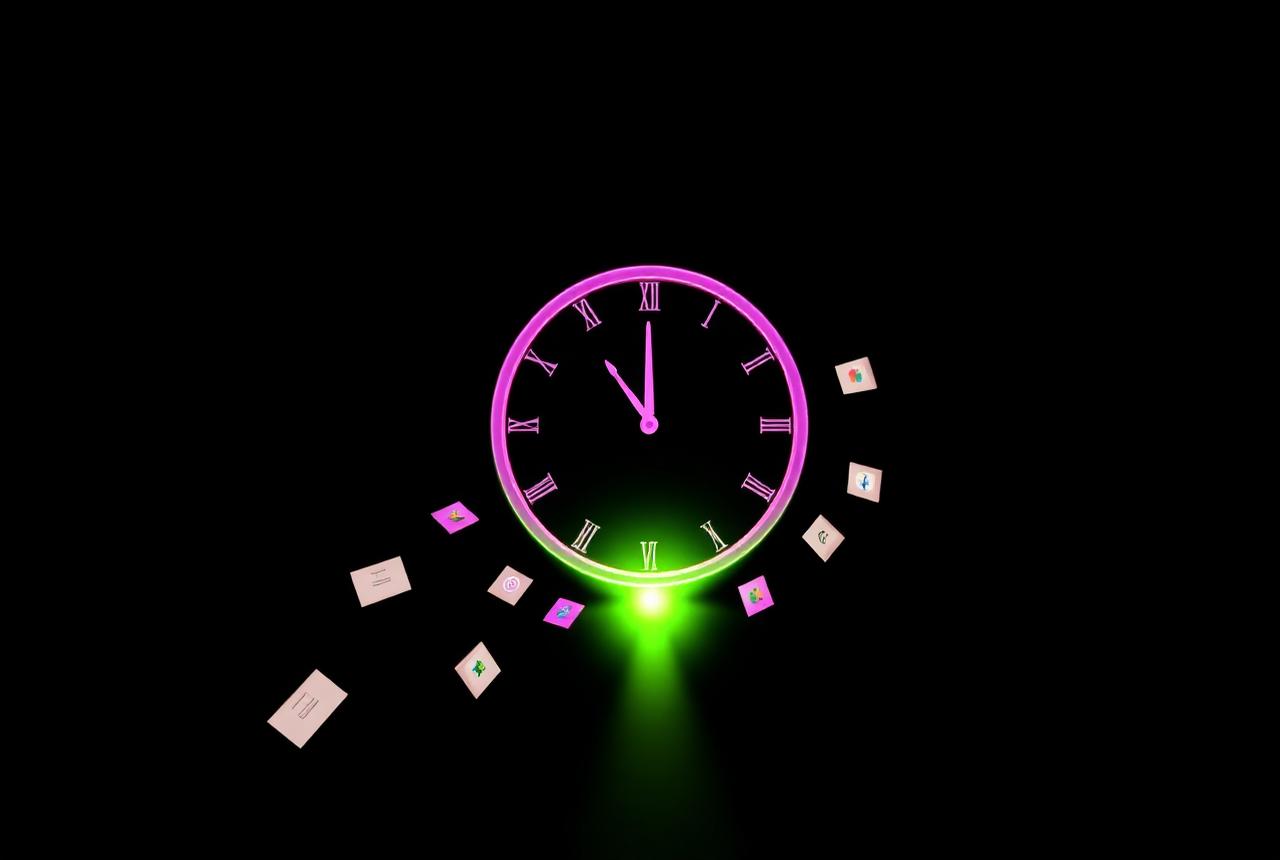 Glowing ring orbited by floating social post cards flowing into a portal of light