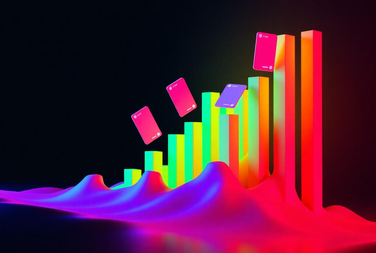 Rising wave of glowing bars with floating social post cards riding the crest