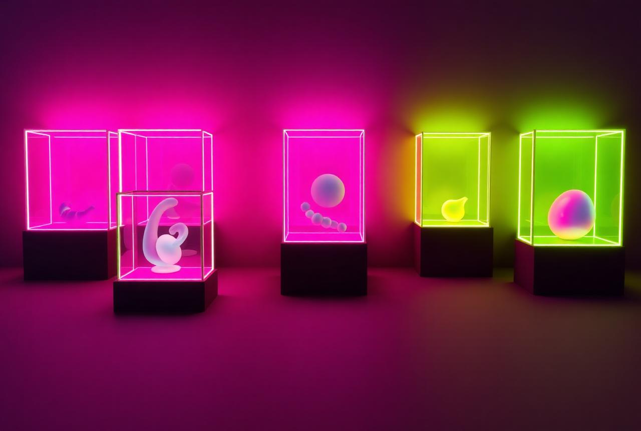 Row of glowing glass cases each holding distinct shapes, lit in lime and magenta